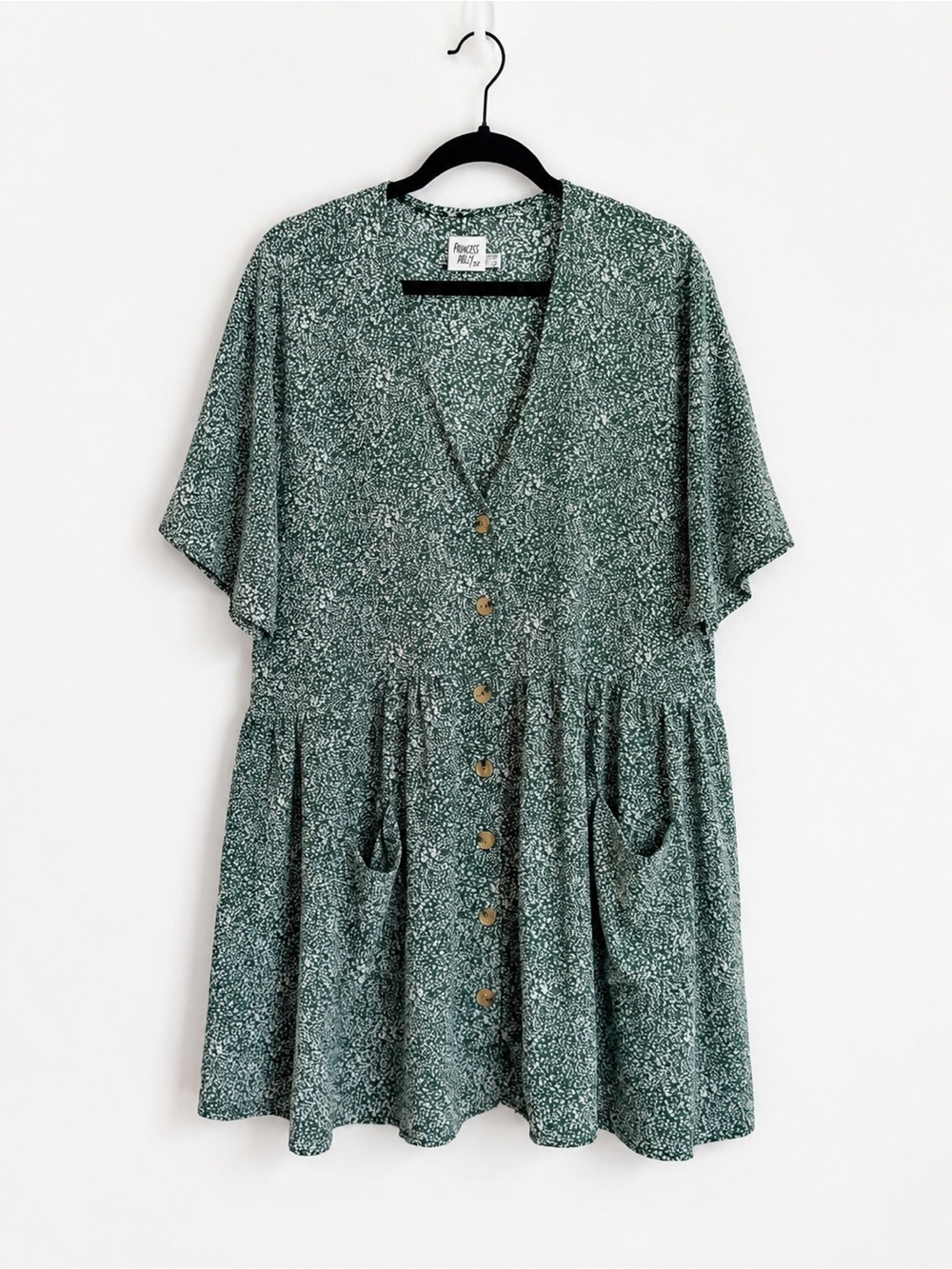 Princess Polly Green Floral Button-Front Babydoll/Smock Mini Dress